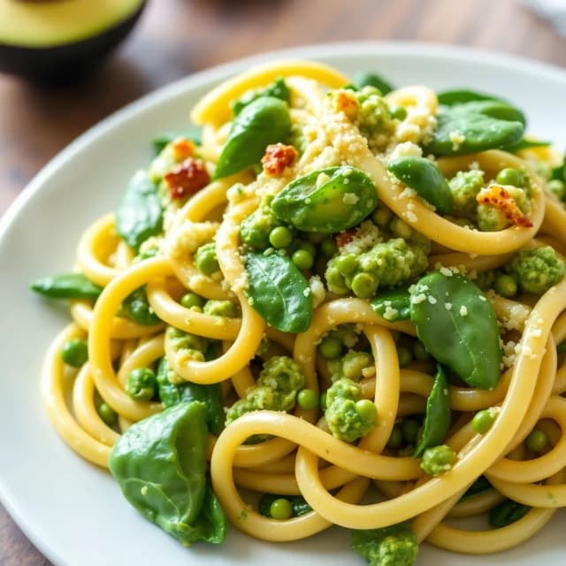 Avocado Pesto Pasta with Green Beans and Spinach