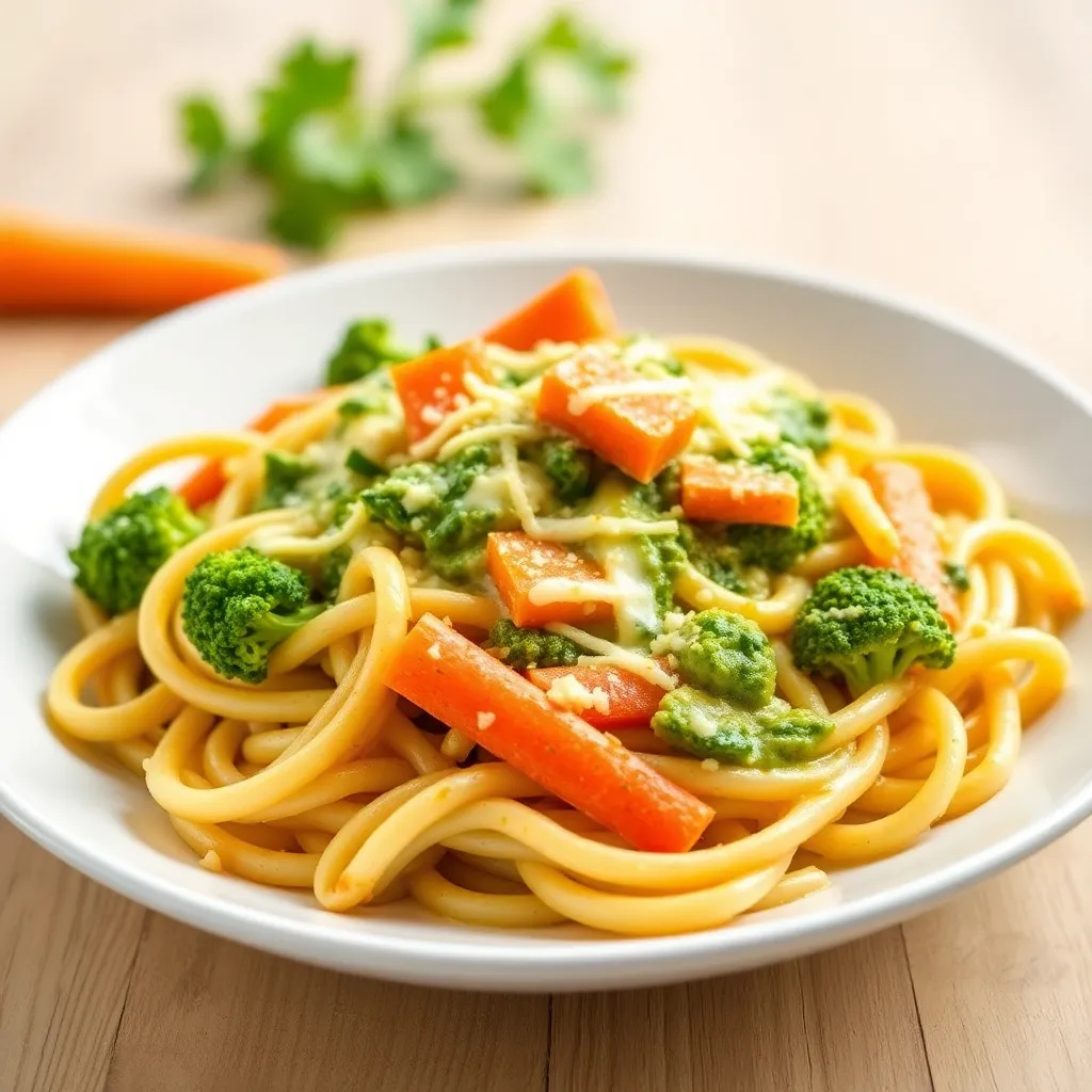 Cheesy Pesto Pasta with Carrot and Broccoli
