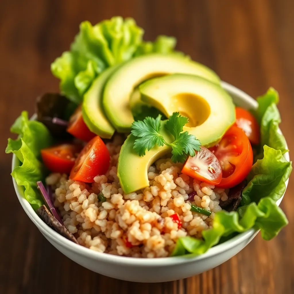 Lettuce, Tomato, and Avocado Brown Rice Bowl