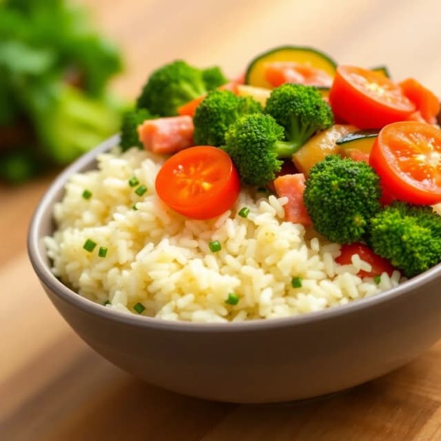 Broccoli, Tomato, and Zucchini Rice Bowl