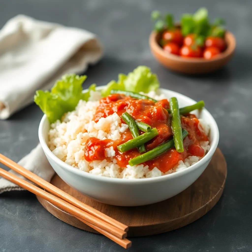 Lettuce and Potato Rice Bowl with Green Beans and Tomato Sauce
