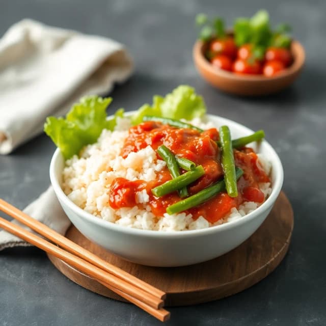 Lettuce and Potato Rice Bowl with Green Beans and Tomato Sauce