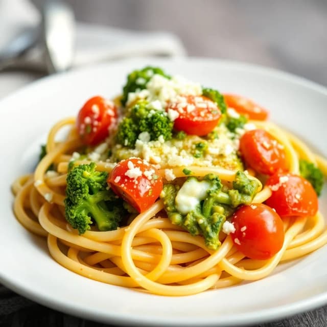 Cheesy Pesto Pasta with Tomato and Broccoli