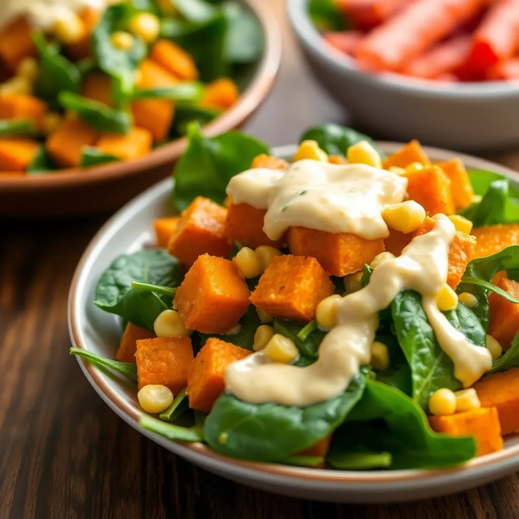 Sweet Potato and Spinach Salad with Creamy Corn Dressing