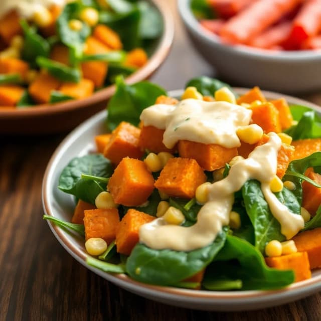 Sweet Potato and Spinach Salad with Creamy Corn Dressing