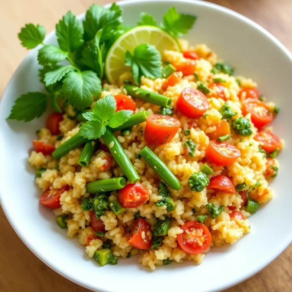 Tomato and Green Bean Pesto Rice with Sweet Potato