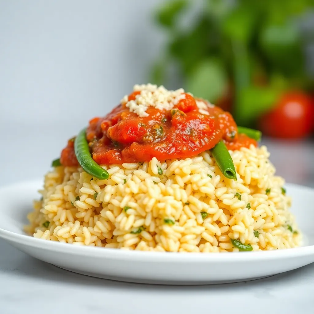 Green Bean and Pesto Rice with Tomato Sauce