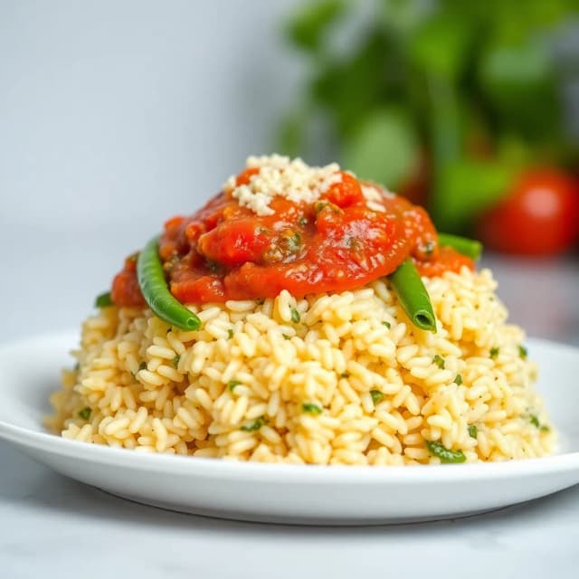 Green Bean and Pesto Rice with Tomato Sauce